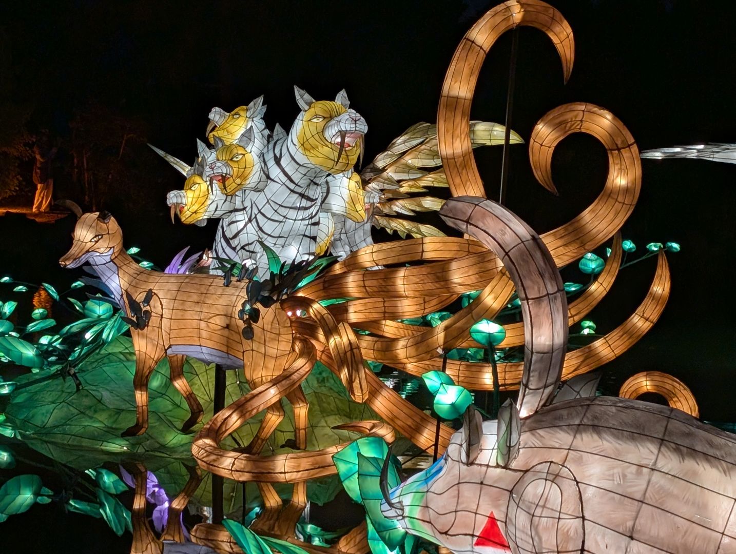 A fox with nine tails and a tiger with many heads